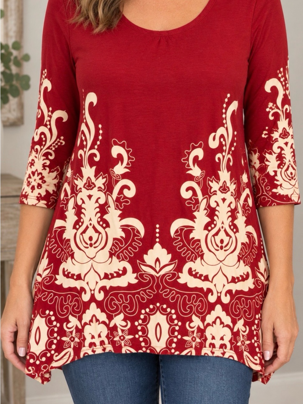 White Mark Red and Cream Ornate Scoop Neck Tunic